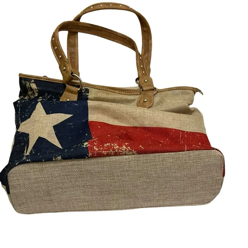 Montana West Texas Pride Painted Tote Bag Tan Studded Double Handles Western